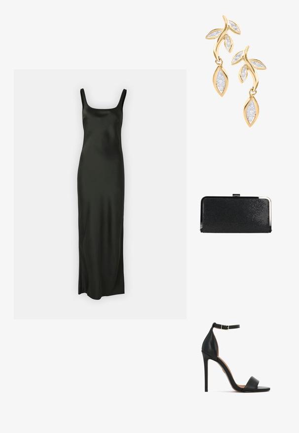 Samsøe Samsøe SUNNA DRESS - Maxi šaty - black; Čierna kožená sandála na vysokom podpätku s úzkym remienkom okolo členka, otvorenou špičkou a štíhlym ihličkovým podpätkom. Hladká textúra s minimálnymi detailmi.; Čierna obdĺžniková kabelka so štruktúrovaným povrchom, strieborným kovovým rámom a zapínaním na sponu na bielom pozadí.; DIAMANT L'ÉTERNEL Náušnice - gold coloured