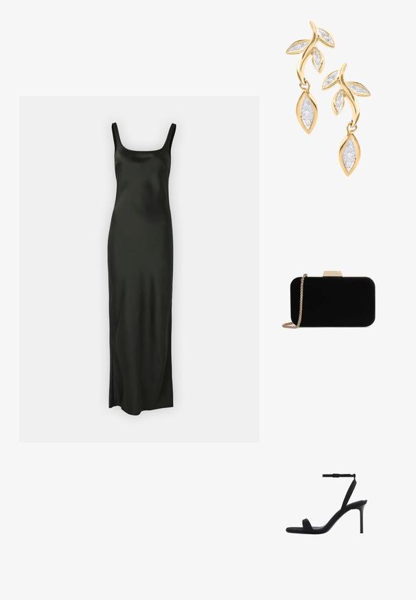Samsøe Samsøe SUNNA DRESS - Maxi šaty - black; Čierna sandála na vysokom opätku s tenkým remienkom okolo členka a otvorenou špičkou, so štíhlym ihlovým opätkom a minimalistickým dizajnom.; Čierna zamatová listová taška so zlatým kovovým doplnkom, obdĺžnikový tvar a reťazový popruh, s hladkou textúrou a bez viditeľných vzorov.; DIAMANT L'ÉTERNEL Náušnice - gold coloured