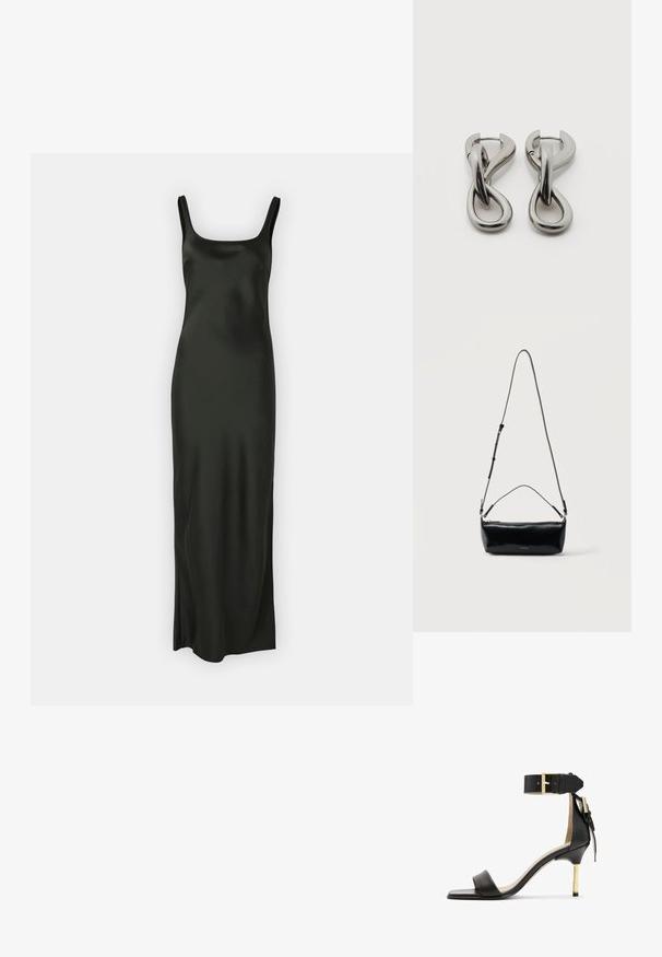 Samsøe Samsøe SUNNA DRESS - Maxi šaty - black; Čierne kožené sandále na podpätku so štvorcovou špičkou, remienkom okolo členka s zlatou sponou a štíhlym kovovým podpätkom. Hladká textúra, minimalistický dizajn.; Čierna obdĺžniková kožená crossbody taška s nastaviteľným popruhom, horným zipsom a malým zlatým logom Calvin Klein vpredu.; Pár strieborných kovových náušníc s abstraktným prepletajúcim sa slučkovým vzorom na bielom pozadí.