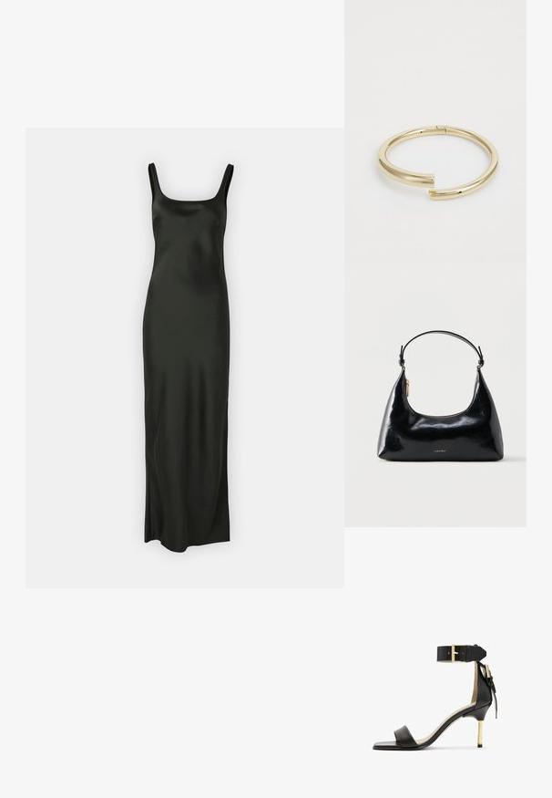Samsøe Samsøe SUNNA DRESS - Maxi šaty - black; Čierne kožené sandále na podpätku so štvorcovou špičkou, remienkom okolo členka s zlatou sponou a štíhlym kovovým podpätkom. Hladká textúra, minimalistický dizajn.; Čierna lesklá kabelka Calvin Klein so zlatým zipsom a krátkym remienkom na bielom pozadí.; Calvin Klein SPIRAL - Náramok - gold-coloured