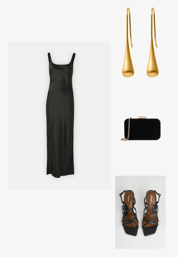 Samsøe Samsøe SUNNA DRESS - Maxi šaty - black; Čierne sandále na podpätku s viacerými úzkymi pásmi, štvorcovou špičkou, hnedými stielkami a zlatým detailom s prackou na pásiku okolo členka.; Čierna zamatová listová taška so zlatým kovovým doplnkom, obdĺžnikový tvar a reťazový popruh, s hladkou textúrou a bez viditeľných vzorov.; Zlaté visacie náušnice so štíhlym, predĺženým tvarom kvapky s brúseným povrchom a drôtenými háčikmi pre jednoduché nosenie.