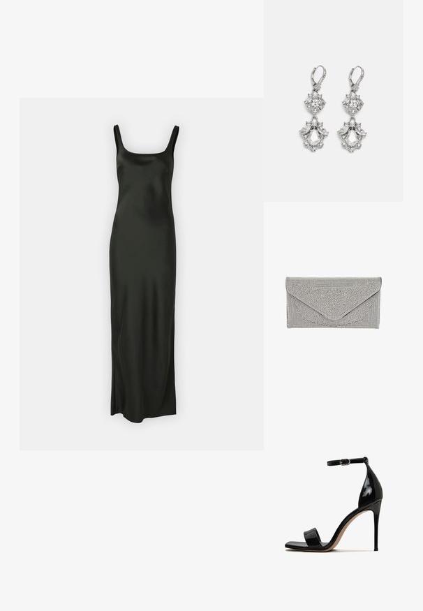 Samsøe Samsøe SUNNA DRESS - Maxi-jurk - black; Zwarte lakleren hoge hak sandaal met een open teen, enkelbandje en een slanke, glanzende afwerking. Heeft een slank stiletto-hak.; Zilveren clutch met een textuur en studs. Heeft een envelopontwerp met een schuine klep en contrasterende zwarte rand.; Zilverkleurige oorbellen met meerdere heldere kristalgesteenten in druppel- en marquisevormen, met sluitingen met een leversysteem en ingewikkelde details.