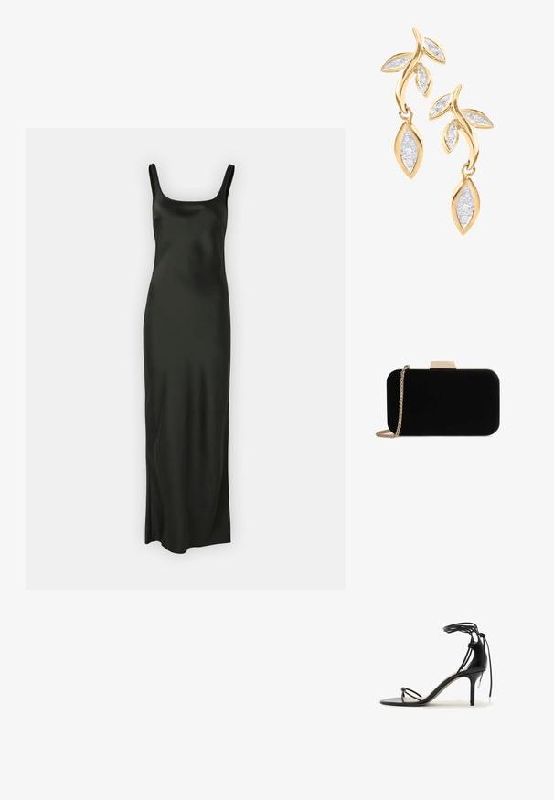 Samsøe Samsøe SUNNA DRESS - Maxikleid - black; Schwarze Sandalette mit dünnen Riemchen, Knöchelband und mittelhohem Stilettabsatz auf weißem Hintergrund.; Schwarze Samt-Clutch mit goldfarbener Hardware, rechteckiger Form und Kettenriemen, mit glatter Textur und ohne sichtbare Muster.; DIAMANT L'ÉTERNEL Ohrringe - gold coloured