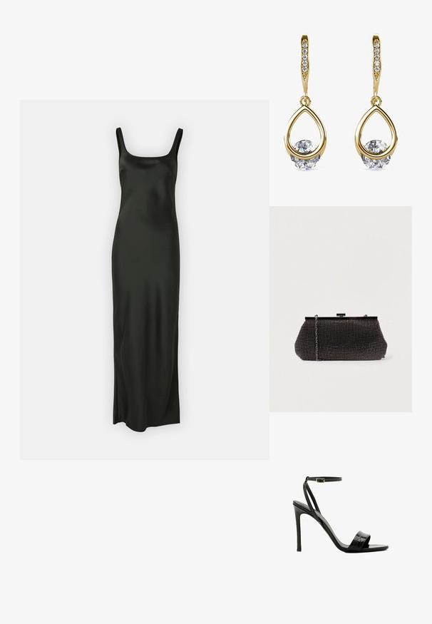 Samsøe Samsøe SUNNA DRESS - Maxikleid - black; Schwarze, hochhackige Sandalen mit Krokodilprägung, offener Zehenpartie und dünnem, verstellbarem Knöchelriemen. Schlanker Absatz und minimalistisches Design.; Schwarze Mesh-Clutch mit strukturierter Silhouette, verziert mit kleinen metallic-nieten, besitzt einen Verschluss mit Klappe und einen abnehmbaren Kettenriemen.; Goldene Tropfenohrringe mit runden, klaren Edelsteinen an der Basis. Texturierter Oberbereich mit kleinen, runden Akzenten entlang des Creolen.