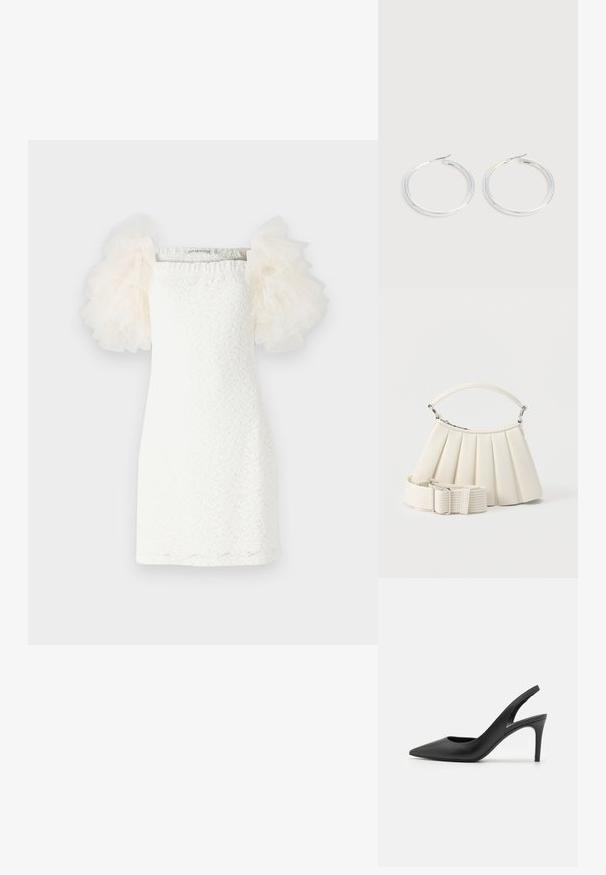 Weisses Kleid mit strukturiertem Spitzenmuster, geradem Schnitt und transparenten, puffigen Tüllärmeln in hellem Creme. Minimalistisches Design mit einem quadratischen Ausschnitt.; Schwarze Leder Slingback High Heels mit einem spitzen Zehendesign, das an der Vorderseite ein Ausschnitt hat und einen dünnen Stilettoblock. ; Weiße gefaltetete Handtasche mit kurzem Griff und einem breiten abnehmbaren Schulterriemen mit silberner Schnalle.; Paar glänzende silberne Creolen mit dünnen Drahtverschlüssen, dargestellt vor einem hellgrauen Hintergrund.