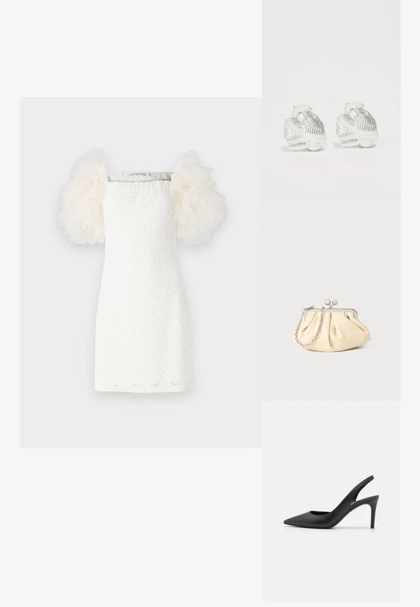 Weisses Kleid mit strukturiertem Spitzenmuster, geradem Schnitt und transparenten, puffigen Tüllärmeln in hellem Creme. Minimalistisches Design mit einem quadratischen Ausschnitt.; Schwarze Leder Slingback High Heels mit einem spitzen Zehendesign, das an der Vorderseite ein Ausschnitt hat und einen dünnen Stilettoblock. ; Faltige beigefarbene Ledertasche mit einem silbernen Metallrahmen, ausgestattet mit zwei runden dekorativen Verschlüssen und einem silbernen Kettenriemen.; Silberne Ohrringe in Muschelform mit strukturierten Rillen und glatten Kurven, ausgestattet mit einer klaren Rückseite für sicheren Halt.