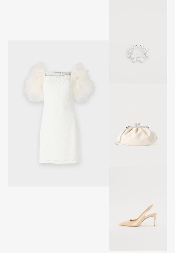 Witte jurk met een textuur van kantpatroon, rechte snit en doorschijnende, opbollende tule mouwen in lichtcrème. Minimalistisch ontwerp met een vierkante halslijn.; Nude gepatineerd leren slingbackhak met een spitse neus, open vamp en een dunne stilettohak. Bevat een ronde gouden accent op de band.; Crèmekleurige stoffen clutch met een geplooid ontwerp, een zilverkleurig metalen frame, twee decoratieve balletjes en een zilveren kettingriem.; Ronde broche met meerdere peervormige heldere kristallen in een zilverkleurige metalen basis, met een speldsluiting aan de achterkant.