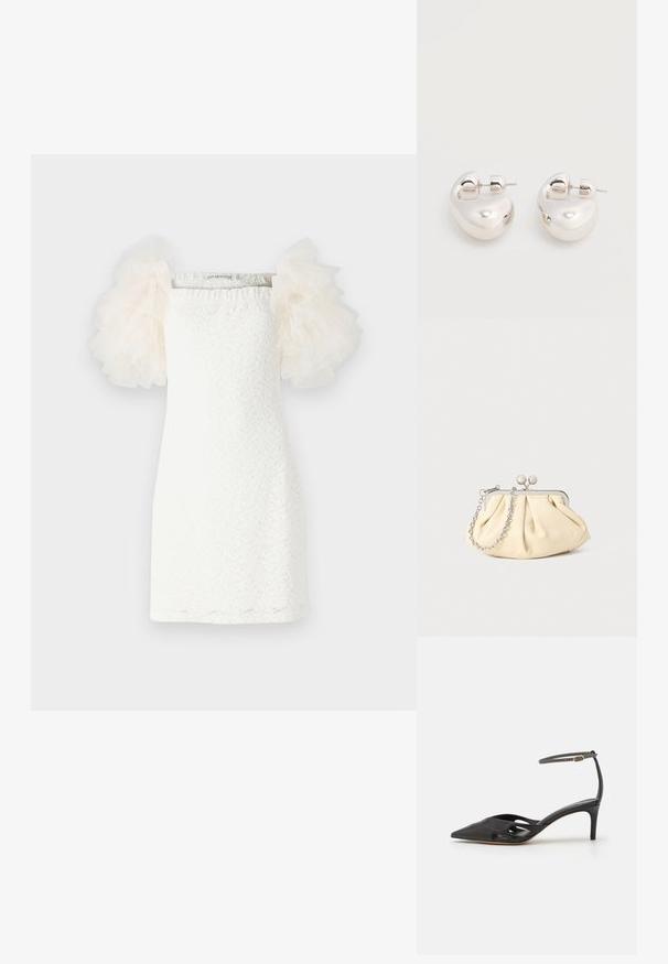 Hvid kjole med et tekstureret blondermønster, lige snit og gennemsigtige, puffede tylærmer i lys creme. Minimalistisk design med firkantet udskæring.; Sort læder højhælet sko med spids tå, åbne sider og en tynd ankelrem med en lille guld detalje.; Plisseret beige læderclutch med en sølvmetalramme, der har to runde dekorative låse og en sølvkædetrasporte.; Par af skinnende sølv store øreringe med lukning på bagsiden mod en ensfarvet hvid baggrund.