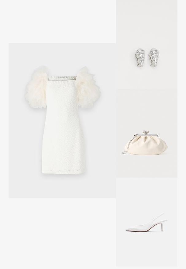 Weisses Kleid mit strukturiertem Spitzenmuster, geradem Schnitt und transparenten, puffigen Tüllärmeln in hellem Creme. Minimalistisches Design mit einem quadratischen Ausschnitt.; Damen-Slingback-Schuh aus weißem Leder mit spitzer Spitze, niedrigem Kitten-Heel und kleiner dekorativer Schleife oben, seitlich dargestellt.; Cremefarbene Stoff-Clutch mit gerafftem Design, silbernem Metallrahmen, zwei dekorativen Kugeln und einem silbernen Kettenriemen.; Silberne Clip-On-Ohringe mit spiralförmigem Design, das eine glatte metallische Textur und abgerundete Formen aufweist. Keine sichtbaren Verzierungen oder Muster.