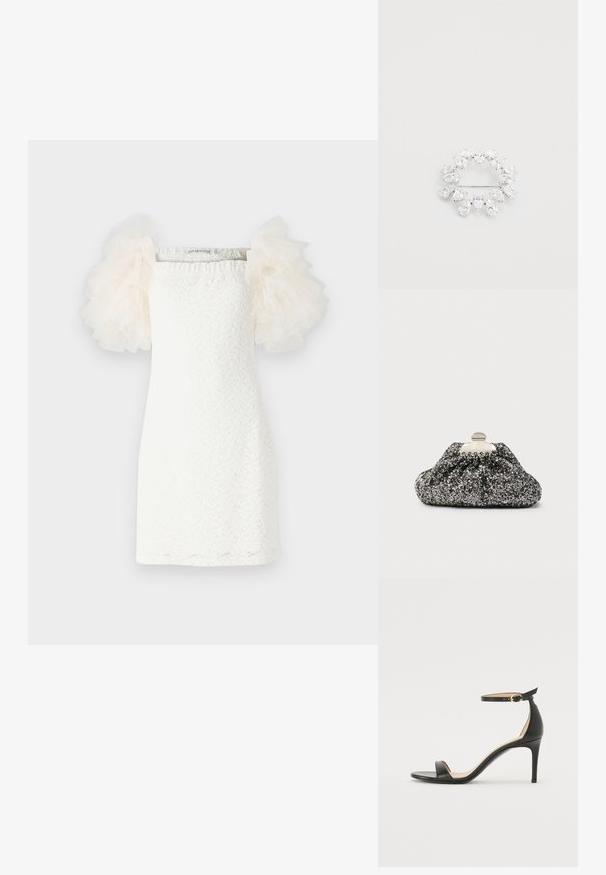 Hvid kjole med et tekstureret blondermønster, lige snit og gennemsigtige, puffede tylærmer i lys creme. Minimalistisk design med firkantet udskæring.; Sort læder højhælede sandaler med ankelrem. Har en glat tekstur, åben tå og en tynd hæl. Guldtonet spænde detalje.; Sort og sølvglitrende clutch med et samlet design. Metallås med en glat, rund form og tekstureret overflade.; Cirkulær broche med flere dråbeformede klare krystaller indsat i en sølvfarvet metalbase, med en nålefastgørelse på bagsiden.