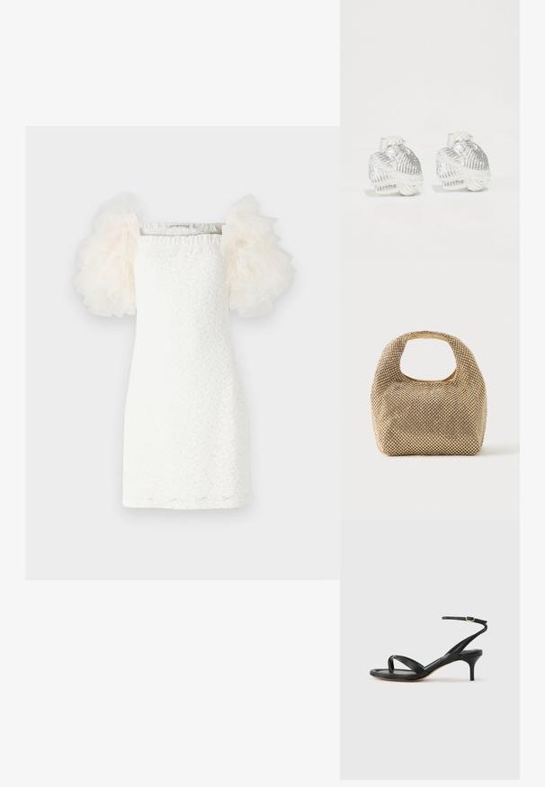 Hvid kjole med et tekstureret blondermønster, lige snit og gennemsigtige, puffede tylærmer i lys creme. Minimalistisk design med firkantet udskæring.; Sort damesandal i læder med tynde remme, en tå-loop, ankelspænde og en mellemhøj stiletthæl på en neutral baggrund.; Lille håndtaske i guldtone dækket af skinnende runde nitter med kort håndtag og rektangulært udskåret hul øverst.; Sølvrunde ørehængere i skaldform med strukturerede riller og glatte kurver, der har en klar bagside for sikker bæring.