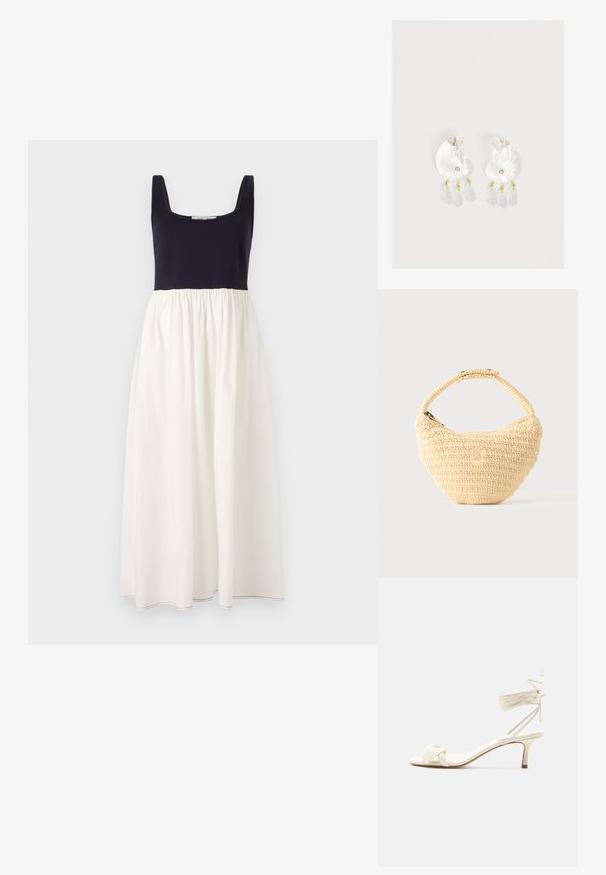 Robe sans manches bleu marine avec un décolleté carré, présentant une jupe blanche froncée. Fabriquée en tissu léger, avec des coutures visibles à l'ourlet.; Sandale à talon bas de couleur crème avec des liens à nouer autour de la cheville et une large bride torsadée sur les orteils, sur un fond blanc uni.; Sac à main beige tissé avec corps arrondi, fermeture éclair et une sangle courte et épaisse dans un style crochet simple et texturé.; Boucles d'oreilles en résine transparente en forme de coquillage avec de petits accents dorés et trois breloques translucides en forme de goutte pendantes sur chaque boucle d'oreille.