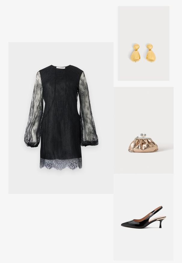 Zwarte kanten jurk met lange doorschijnende mouwen en een scalloped Zoom. Het lichaam is volledig zwart met ingewikkelde kanten details overal.; Zwarte lakleren slingback pump met puntige neus en lage kittenheel op een eenvoudige witte achtergrond.; Kleine gouden metallic clutch met zilveren sluiting en kettingriem op een effen lichte achtergrond.; Paar glanzende gouden druppelvormige oorbellen met een kleiner afgerond bovenstuk verbonden met een groter peer-vormig onderstuk.