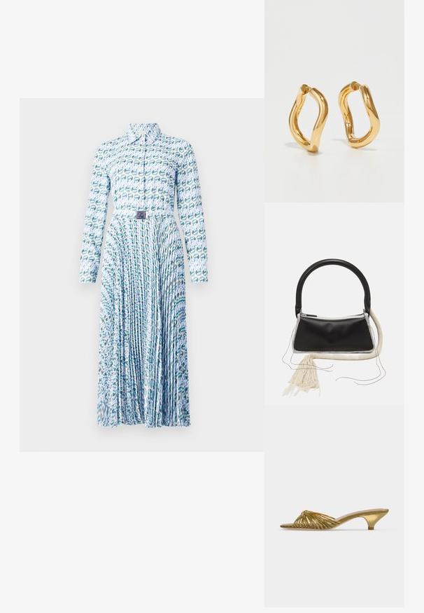 Tory Burch PRINTED DRESS - Skjortekjole - blue lucky duck; Guldfarvet mule sandal med åben tå, lav kittenhæl og knude-design på hvid baggrund.; Sort lædertaske med et afrundet håndtag, sølv lynlås, hvid pelskant og en lang cremet kvast hæftet på forsiden.; Guldfarvede hoops øreringe med en buet, uregelmæssig form og en glat, poleret overflade. Ingen synligt hardware eller dekorationer.