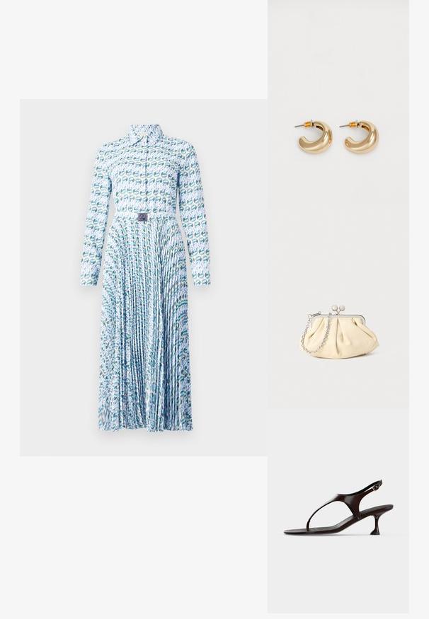 Tory Burch PRINTED DRESS - Blousejurk - blue lucky duck; Donkerbruine lakleren slingbacksandaal met kittenheel en teenbandje op witte achtergrond.; Geplooide beige leren clutch met een zilveren metalen frame, voorzien van twee ronde decoratieve sluitingen en een zilveren kettingriem.; Twee glanzende gouden hoepel oorbellen in een gebogen ontwerp, met oranje accenten bij de oorpost, tegen een eenvoudige witte achtergrond.