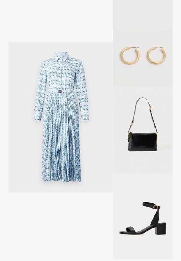 Tory Burch PRINTED DRESS - Blousejurk - blue lucky duck; Zwarte open sandaal met blokhak en enkelbandje met een kleine gouden gesp, zijkantweergave op een effen achtergrond.; Zwarte leren schoudertas met verstelbare riem en gouden hardware, met klein gouden "Marc Jacobs" logo middenvoor.; Een paar glanzende gouden dikke creolen met metalen pinnen op een lichtgrijze achtergrond.
