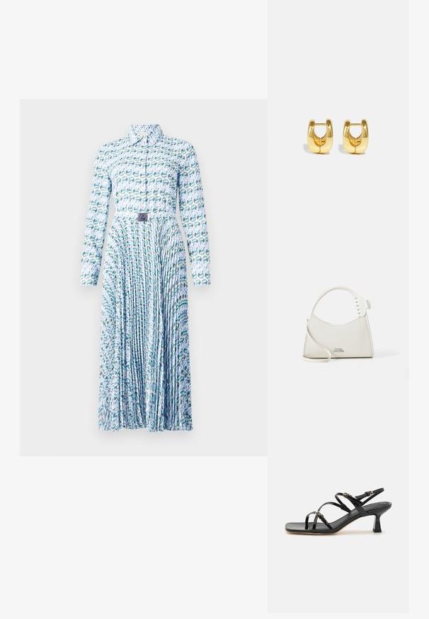 Tory Burch PRINTED DRESS - Blusenkleid - blue lucky duck; Schwarze lackierte Riemchensandalen mit quadratischer Zehenpartie und niedrigem Blockabsatz. Ausgestattet mit vergoldeten Beschlägen und verstellbaren Knöchelriemen.; Weiße Lederhandtasche mit geschwungener Form, verziert mit kleinen weißen Nieten entlang des Griffs. Verfügt über einen langen Riemen und ein geprägtes Logo auf der Vorderseite.; Goldene Creolen mit einem schlanken, abgerundeten Design. Sie verfügen über eine hohle Mitte und eine glänzende Oberfläche, die moderne Stile ergänzen.