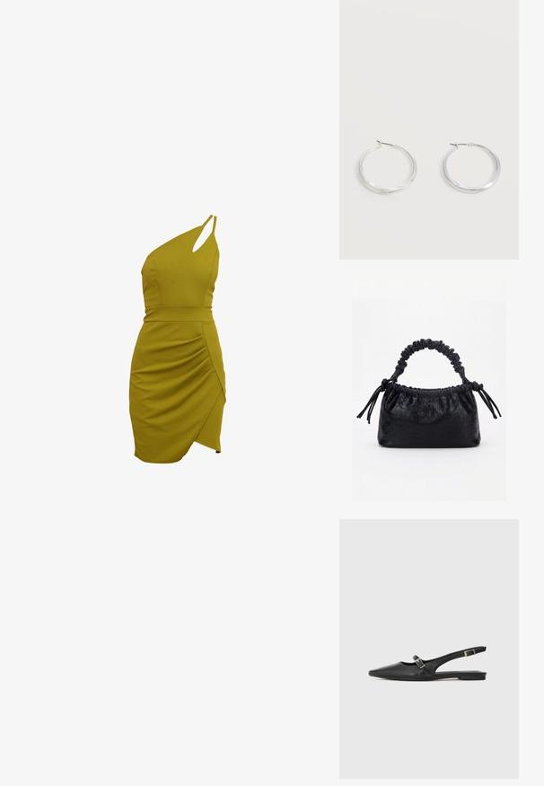 Én skulder, olivengrøn kjole med en tætsiddende silhuet, rynkede detaljer i siden og asymmetrisk kant. Lavet af strækbart stof.; Sorte læder slingback-sko med spids tå, med en smal rem og en sølvspænde-detalje på siden. Flad sål.; Sort taske med krokodilletekstur, rynket øverste kant, samlet hank og snore med kvaster på hver side mod en hvid baggrund.; Sølvfarvede metaloorringe med glat, let buet overflade og låsemekanisme på en ensfarvet hvid baggrund.