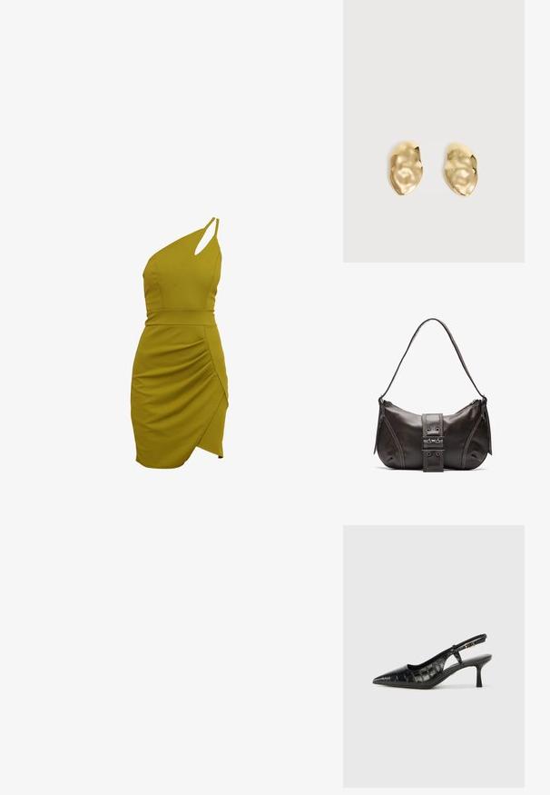 Ein ärmelloses, olivgrünes Kleid mit taillierter Silhouette, drapierten Details an der Seite und asymmetrischem Saum. Hergestellt aus dehnbarem Stoff.; Schwarze Slingback-Absätze mit spitzem Zeh und einem strukturierten, krokodilpräge Muster. Enthält einen schmalen Knöchelriemen und einen kleinen Absatz.; Braune Lederumhängetasche mit gebogener Form, die mit einem auffälligen Schnallendetail, kontrastierenden Nähten und einem einzigen Schulterriemen ausgestattet ist.; Paar glänzende, unregelmäßig geformte Ohrstecker aus Goldmetall mit zerknitterter, glatter Oberfläche auf schlichtem hellem Hintergrund.