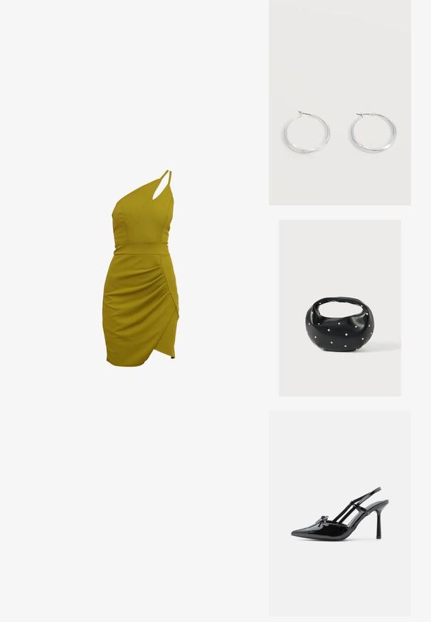 Ein ärmelloses, olivgrünes Kleid mit taillierter Silhouette, drapierten Details an der Seite und asymmetrischem Saum. Hergestellt aus dehnbarem Stoff.; Schwarzer Slingback-Schuh aus Lackleder mit spitzer Spitze, dünnem Absatz und doppelt über dem Rist verlaufenden Riemchen.; Schwarze Lederhandtasche mit abgerundeter Form, verziert mit silbernen Nietenakzenten und kurzem Griff. Glatte Struktur und Reißverschlussverschluss.; Silberne Metallcreolen mit glatter, leicht gebogener Oberfläche und Klappverschluss vor schlicht weißem Hintergrund.