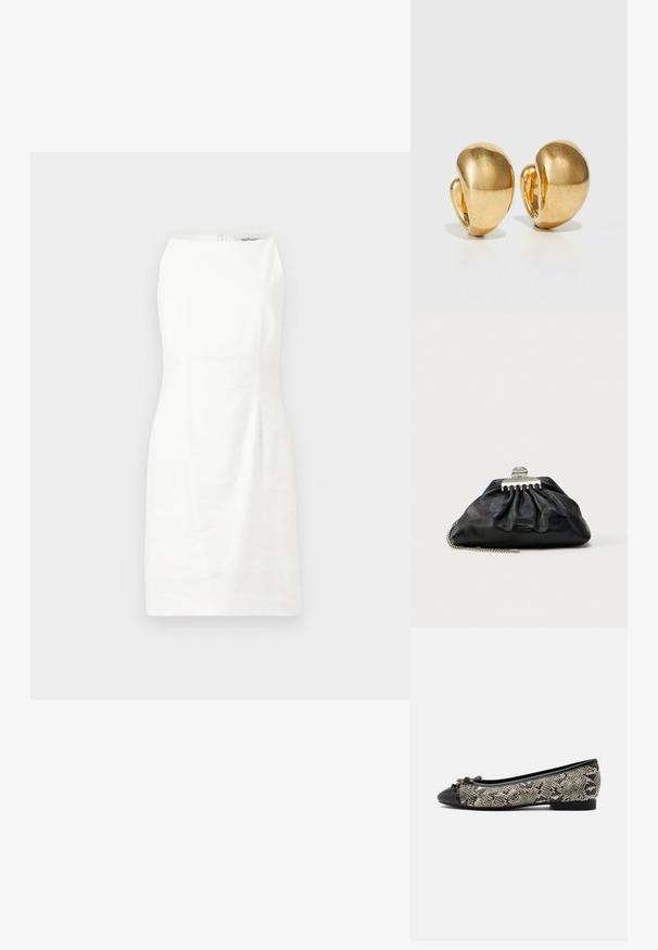 Witte mouwloze jurk met een aansluitende vorm, een stevige textuur en een verborgen rits aan de achterkant. Minimalistisch ontwerp zonder patronen of accenten.; Platte balletschoen met zwarte neuskap, strikdetail en grijs slangprint lijf, afgebeeld tegen een effen witte achtergrond.; Zwarte leren clutch met geplooid ontwerp, zilveren sluiting en kettingriem. Subtiele merkopdruk aan de voorkant.; Gouden oorbellen met een gladde, ronde vorm en gepolijste afwerking. Voorzien van een clip-on stijl voor gemakkelijk dragen.