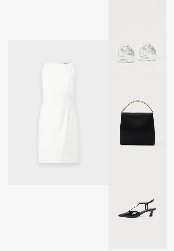 Witte mouwloze jurk met een aansluitende vorm, een stevige textuur en een verborgen rits aan de achterkant. Minimalistisch ontwerp zonder patronen of accenten.; Zwarte pumps van lakleer met spits toelopende neus, T-strap en lage schuine blokhak op witte achtergrond.; Zwarte tas van gladde stof met een gestructureerde vorm, een handvat van gouden ketting en een minimalistisch geometrisch ontwerp.; Zilveren oorknopjes in schelpvorm met textuuraccenten en gladde rondingen, voorzien van een doorzichtige achterkant voor een veilige bevestiging.