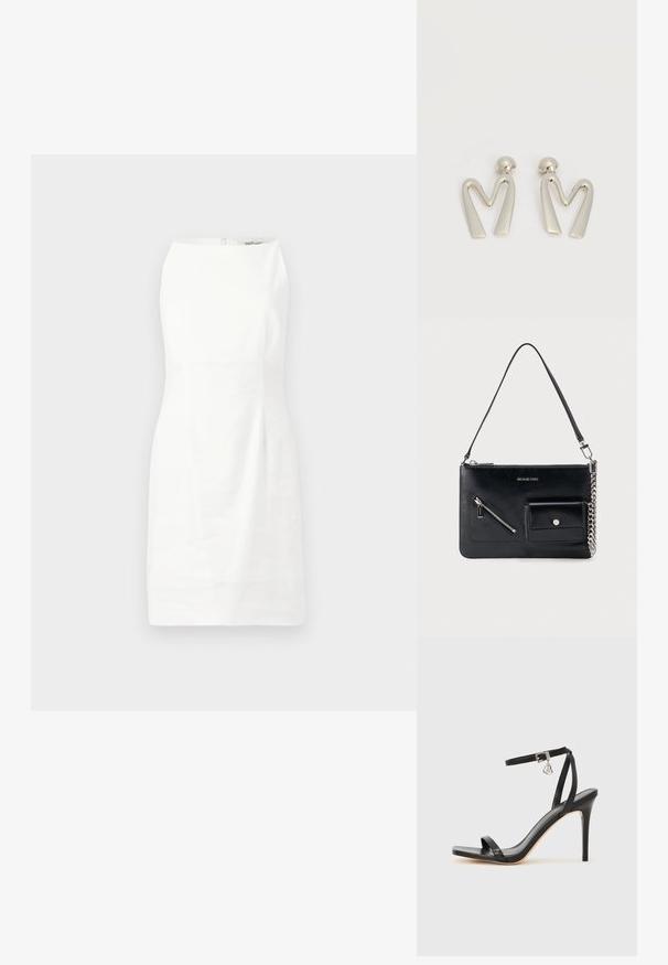 Hvid ærmeløs kjole med en tætsiddende pasform, glat tekstur og en skjult lynlås i ryggen. Minimalistisk design uden mønstre eller udsmykninger.; Sort hæl-sandal med smal ankrem, firkantet tå-boks, glat lædermateriale og metalspænde som pynt.; Sort Michael Kors skuldertaske i læder med toplynlås, diagonal lynlåslomme foran, klaplomme med trykknap og sølvkædedetalje.; Par sølvtonede metaleøreringe formet som den kantede bogstav M med runde fester på en hvid baggrund.