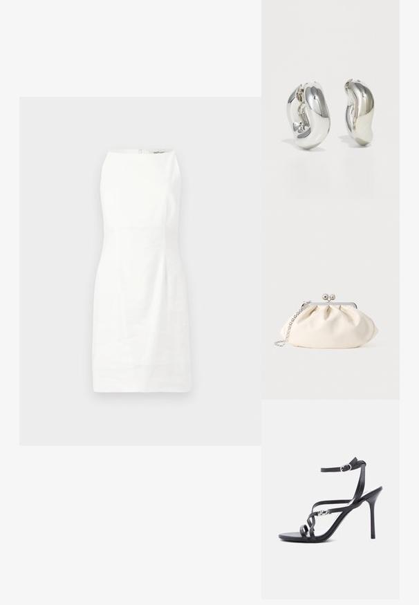 Hvid ærmeløs kjole med en tætsiddende pasform, glat tekstur og en skjult lynlås i ryggen. Minimalistisk design uden mønstre eller udsmykninger.; Sort højhælet sandal med tynde stropper, ankelspænde og en metal-logo detalje på siden af stroppen, sat mod en hvid baggrund.; Cremefarvet stofclutch med et rynket design, sølv metalramme, to dekorative kugler og en sølvkæde som rem.; Sølvskulpturelle øreringe med glatte, buede former og reflekterende overflader. Har et lukket hoop-design og en markant organisk form.