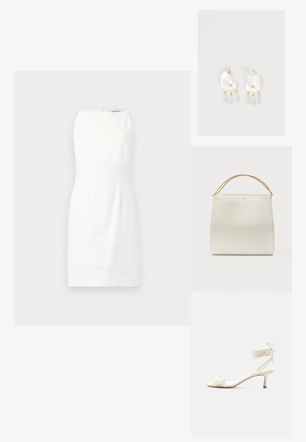 Hvid ærmeløs kjole med en tætsiddende pasform, glat tekstur og en skjult lynlås i ryggen. Minimalistisk design uden mønstre eller udsmykninger.; Kremfarvet sandal med lave hæle, bindebånd om anklen og en bred snoet rem over tæerne på en ensartet hvid baggrund.; Struktureret taske i satinfinish, cremefarvet, med en kæde til skulderrem. Har en flad, glat tekstur og rene syninger.; Gennemsigtige øreringe i skalform af harpiks med små gyldne accenter og tre hængende gennemsigtige dråbeformede charms på hver ørering.