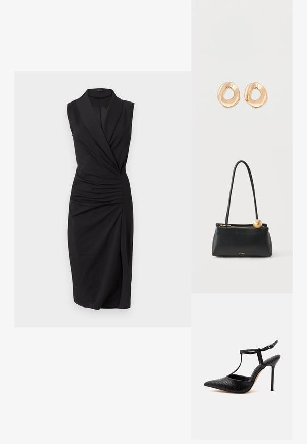 Robe noire sans manches longueur genou avec devant croisé, détail froncé sur le côté, et col à revers large.; Chaussure noire à talon haut avec bout pointu, motif crocodile texturé, talon stiletto fin et bride de cheville avec boucle.; Sac à main rectangulaire en cuir noir avec longues anses, fermeture éclair dorée, breloque sphérique dorée et petit logo ALDO au centre avant.; Paired boucles d'oreilles en métal doré poli de forme irrégulière avec un centre ouvert sur un fond blanc uni.