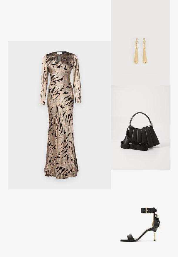 Vestido ajustado de manga larga en una suave tela similar a la satén, con un patrón abstracto en tonos beige y marrón y un dobladillo acampanado. Diseñado con un escote redondo.; Sándal de tacón de cuero negro con punta cuadrada, correa en el tobillo con hebilla dorada y un tacón metálico esbelto. Textura suave, diseño minimalista.; Bolso de mano negro con pliegues, manejo redondeado, correa ajustable y textura brillante. Presenta herrajes plateados y una silueta estructurada.; Pendientes colgantes en tono dorado con colgantes alargados y suaves en forma de lágrima, colgando de cierres de aros pequeños sobre un fondo blanco.