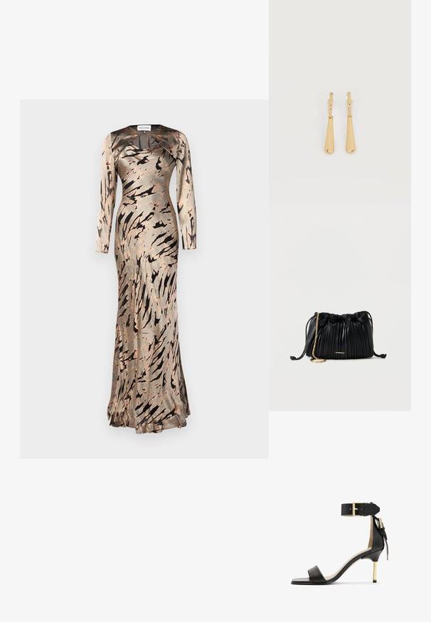 Vestido ajustado de manga larga en una suave tela similar a la satén, con un patrón abstracto en tonos beige y marrón y un dobladillo acampanado. Diseñado con un escote redondo.; Sándal de tacón de cuero negro con punta cuadrada, correa en el tobillo con hebilla dorada y un tacón metálico esbelto. Textura suave, diseño minimalista.; Bolso de mano negro de cuero plisado con cordón ajustable, cadena dorada como asa y un pequeño detalle horizontal dorado en la parte frontal.; Pendientes colgantes en tono dorado con colgantes alargados y suaves en forma de lágrima, colgando de cierres de aros pequeños sobre un fondo blanco.