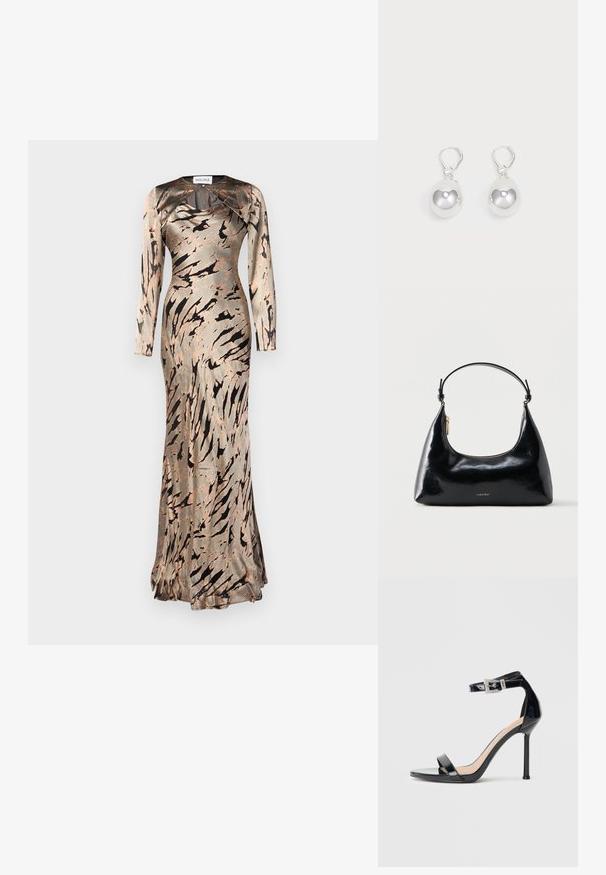 Vestido ajustado de manga larga en una suave tela similar a la satén, con un patrón abstracto en tonos beige y marrón y un dobladillo acampanado. Diseñado con un escote redondo.; Sandalia de tacón alto en piel sintética negra con correa en el tobillo. Presenta un diseño minimalista, punta abierta y una hebilla con detalles de pedrería.; Bolso negro brillante de Calvin Klein con cremallera dorada y correa corta sobre un fondo blanco liso.; Pendientes de plata en forma de gota con superficies redondas y reflectantes colgando de cierres de palanca. El fondo es blanco liso.