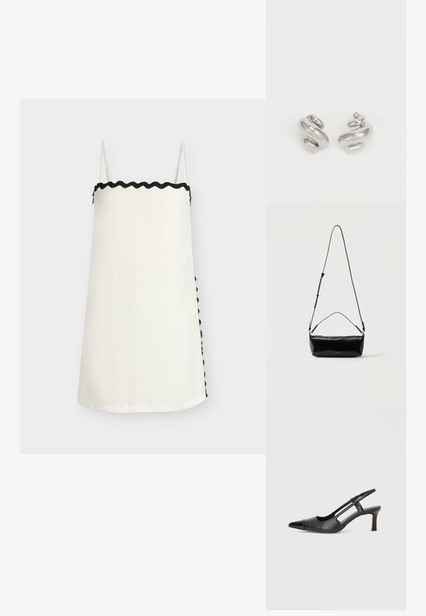 Robe nuisette blanche avec fines bretelles et bordure noire ondulée le long du bord supérieur et couture latérale partiellement visible.; Chaussure à bride arrière en cuir noir avec bout pointu, dotée d'un accent brillant sur le bout et d'un talon de hauteur moyenne. Design latéral ouvert.; Sac bandoulière rectangulaire en cuir noir avec bandoulière ajustable, fermeture éclair sur le dessus et petit logo Calvin Klein doré sur le devant.; Boucles d'oreilles en argent avec un design en spirale. Surface lisse et réfléchissante avec de petites courbes accentuées. Forme compacte adaptée à un port facile.