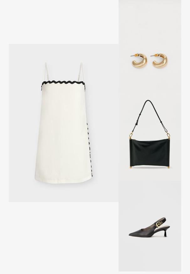 Robe nuisette blanche avec fines bretelles et bordure noire ondulée le long du bord supérieur et couture latérale partiellement visible.; Chaussure à talon haut noire à bride arrière, avec un bout pointu, une texture en cuir lisse et une accent de boucle dorée sur la bride.; Sac à main rectangulaire en cuir noir avec bandoulière ajustable, ferrures dorées et fermeture éclair, posé verticalement sur un fond blanc.; Deux boucles d'oreilles en forme de cerceau en or brillant, avec un design courbé, présentant des accents orange près de la tige, sur fond blanc uni.