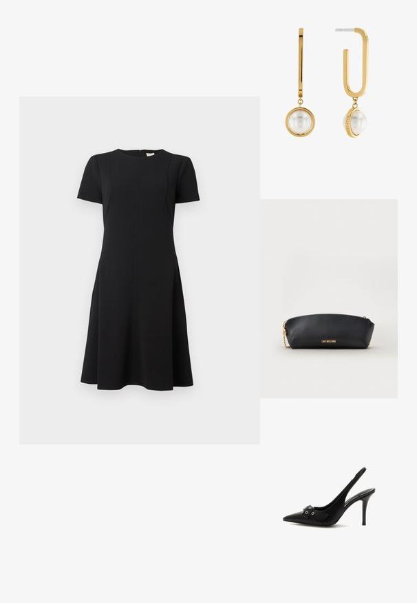 Calvin Klein FLARE DRESS - Päevakleit - black; Mustast nahast terava ninaga rihmkontsaga kingad, millel on pandlaga rihm ja keskmise kõrgusega konts valgel taustal.; Must Moschino vutlar koos kuldse kett rihmaga ja esiküljel kuldsete logokirjadega, lihtsa heleda taustaga.; Tommy Hilfiger Kõrvarõngad - gold coloured