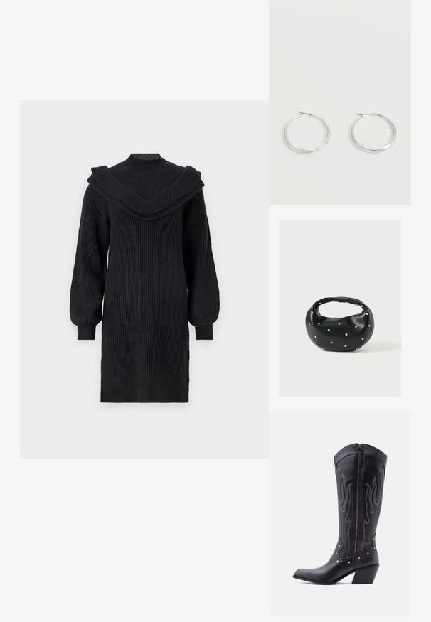Schwarzes gestricktes Kleid mit gerippter Textur, hat einen breiten Rüschen-Halsausschnitt und lange, gepuffte Ärmel, die über dem Knie enden.; Schwarze Cowboy-Stiefel aus Leder mit spitzer Zehenpartie, sichtbarer Nahtführung, silbernen Nietenakzenten und Reißverschluss auf der Innenseite.; Schwarze Lederhandtasche mit abgerundeter Form, verziert mit silbernen Nietenakzenten und kurzem Griff. Glatte Struktur und Reißverschlussverschluss.; Silberne Metallcreolen mit glatter, leicht gebogener Oberfläche und Klappverschluss vor schlicht weißem Hintergrund.