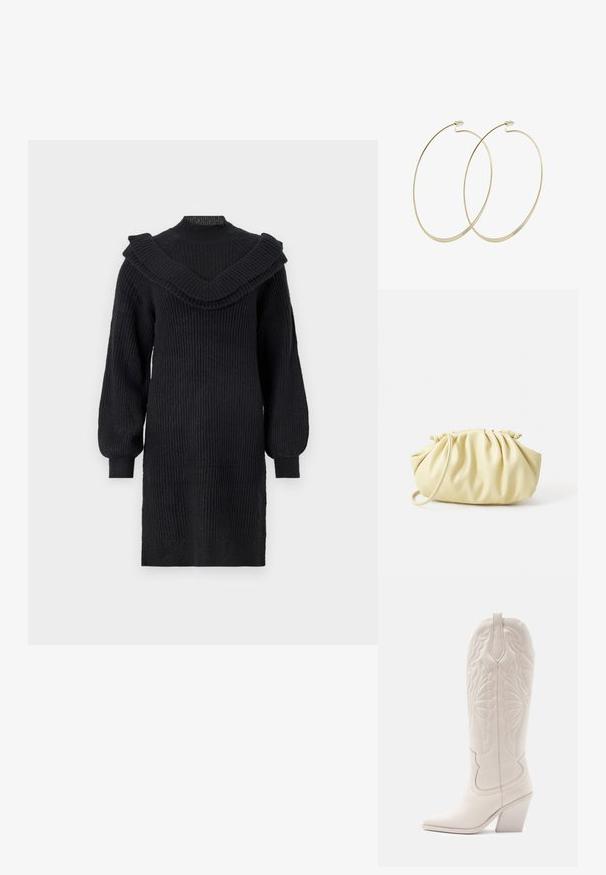 Schwarzes gestricktes Kleid mit gerippter Textur, hat einen breiten Rüschen-Halsausschnitt und lange, gepuffte Ärmel, die über dem Knie enden.; Weiße Leder-Cowboystiefel mit spitzer Zehe und blockiertem Absatz. Sie verfügen über aufwendige Steppmuster am Schaft und eine glatte Textur.; Gelbe, gefaltete Handtasche aus glattem Kunstleder mit weicher Form, einzigem Schulterriemen und gerafftem Oberteil.; Pilgrim Ohrringe - gold-coloured