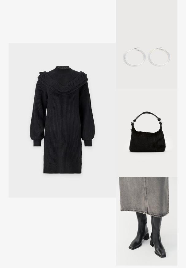 Schwarzes gestricktes Kleid mit gerippter Textur, hat einen breiten Rüschen-Halsausschnitt und lange, gepuffte Ärmel, die über dem Knie enden.; Schwarze knielange Stiefel aus glattem Leder mit quadrater Zehenpartie und Blockabsatz. Getragen mit einem grauen Jeansrock mit ausgefranstem Saum.; Schwarze Kunstfell-Handtasche mit weicher Textur, runder Form und einem stabilen schwarzen Leder-Schulterriemen. Sichtbare silberne Hardware-Akzente.; Paar glänzende silberne Creolen mit dünnen Drahtverschlüssen, dargestellt vor einem hellgrauen Hintergrund.