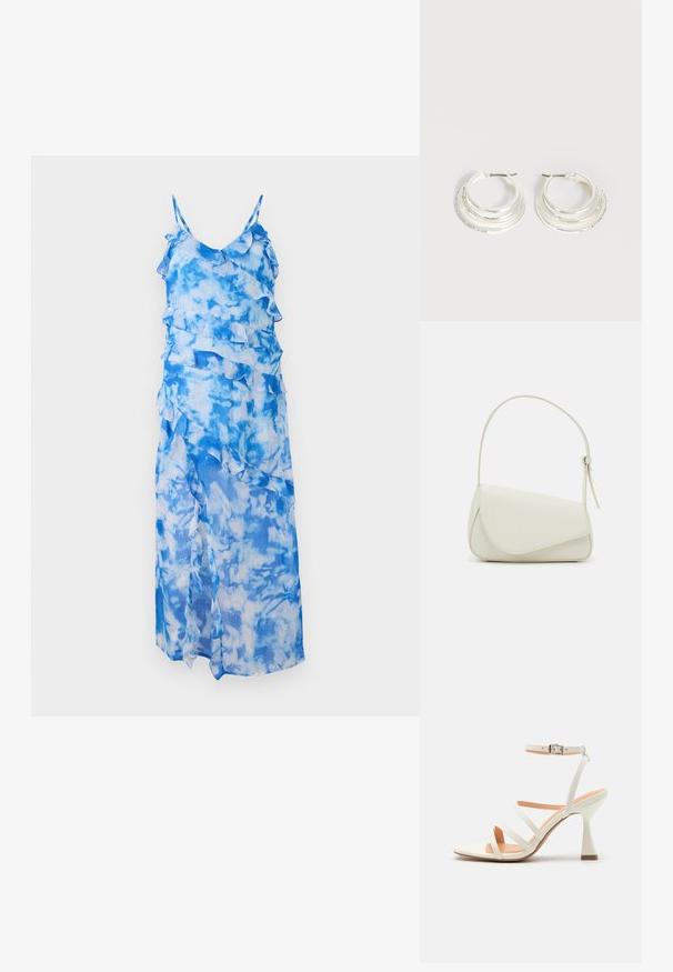 Blauwe tie-dye maxi-jurk met gerimpelde lagen, dunne verstelbare bandjes en een vloeiende uitstraling. Lichtgewicht, doorschijnende stof met een wolkenpatroon.; Witte sandaal met hoge hakken en straps, met een enkelgesp, een gladde textuur, vierkante neus en een sculptuurhak. Lichtbeige binnenzool.; Witte nepleren handtas met een gestructureerde driehoekige vorm, een enkele verstelbare schouderriem en een klep met ronde accenten.; Zilveren oorringen met drie gelaagde halve cirkelvormige banden, waarvan één versierd met kleine heldere kristallen op een lichte achtergrond.
