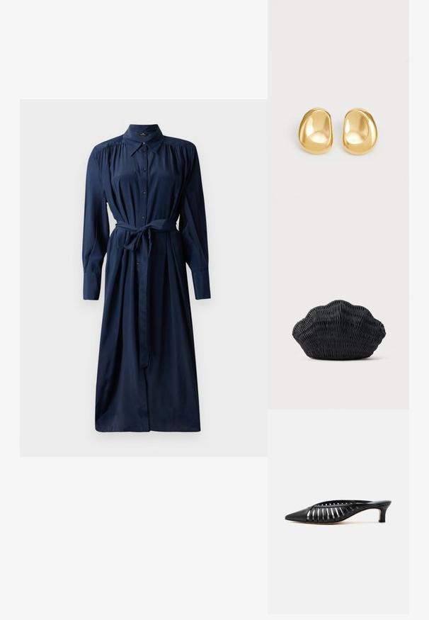 Marineblaues Hemdkleid mit langen Ärmeln, gerafften Schultern, einem Taillengürtel und einem schwingenden Rock. Hergestellt aus glattem Stoff mit einer weichen Textur.; Schwarze Leder-Mule mit spitzer Schuhspitze, Riemchen-Design und niedrigem Kittenheel auf weißem Hintergrund.; Schwarze Korbtasche in Muschelform mit gebogenem Oberteil und gewebter Textur auf einfarbigem Hintergrund.; Goldfarbene Ohrstecker mit einer glatten, runden Form und einer reflektierenden Oberfläche, die ein minimalistisches Design ohne sichtbare Muster zeigen.