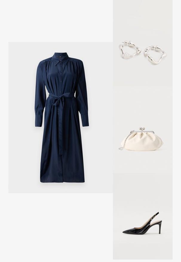 Vestido azul marino de botones con manga larga, hombros fruncidos, lazo en la cintura y falda fluida. Fabricado con un tejido suave y con textura blanda.; Zapatos de charol negro con tirante al tobillo, punta afilada, tacón delgado y un diseño de corte sutil. Presenta una hebilla dorada en la correa.; Bolso de mano de tela color crema con diseño fruncido, marco metálico plateado, dos bolas decorativas y correa de cadena plateada.; Pendientes de aro de forma irregular en tono plateado con cierre de poste sobre una superficie blanca lisa.