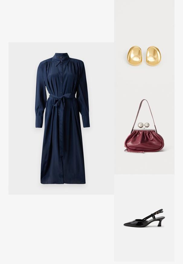 Vestido azul marino de botones con manga larga, hombros fruncidos, lazo en la cintura y falda fluida. Fabricado con un tejido suave y con textura blanda.; Zapato slingback de charol negro con tacón bajo, punta puntiaguda y correa ajustable con hebilla dorada sobre fondo blanco.; Pequeño bolso de mano de cuero burdeos con detalles fruncidos, una correa fina y un cierre de plata con dos grandes pomos redondos.; Pendientes de studs en color dorado con una forma suave y redondeada y una superficie reflectante, que exhiben un diseño minimalista y sin patrones visibles.