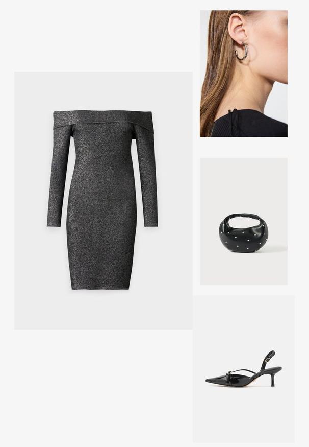 Sort off-shoulder kjole med lange ærmer, lavet af skinnende stof, tætsiddende design, knælang, glat tekstur.; ALDO MARIETTA PILLOW WALK - Pumps - black; Sort læderhåndtaske med en rundet form, dekoreret med sølvnitter, og et kort håndtag. Glat tekstur og lynlåslukning.; Sølv hoop ørestik med en poleret overflade, prydet med små guld accenter og en rund form, båret på øreflippen.
