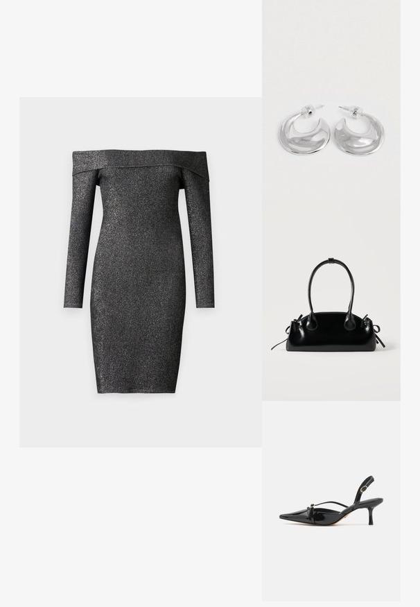 Robe noire décolletée, à manches longues, en tissu scintillant, design ajusté, longueur genou, texture lisse.; ALDO MARIETTA PILLOW WALK - Escarpins - black; Petit sac à main noir brillant avec deux longues anses et des détails à cordon sur les côtés sur un fond clair uni.; Une paire de boucles d'oreilles en croissant argenté poli avec des supports en plastique transparent sur une surface blanche.