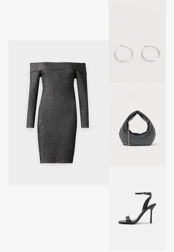 Robe noire décolletée, à manches longues, en tissu scintillant, design ajusté, longueur genou, texture lisse.; Sandale à talons hauts noire avec une fine sangle au niveau de la cheville et deux bandes à l'avant. Fabriquée en cuir lisse avec un bout pointu élégant et un talon aiguille.; Sac à main en maille noire orné de clous en argent, avec une poignée incurvée et une bandoulière en chaîne. Texture douce avec une forme arrondie.; Boucles d’oreilles créoles en métal argenté avec une surface lisse légèrement incurvée et des fermoirs à clapet sur un fond blanc uni.