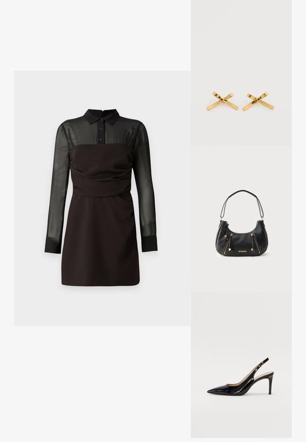 Vestido negro con una parte superior de malla negra transparente y mangas largas, cuello abotonado y detalles fruncidos en la cintura. Acabado en tejido suave.; Zapatos de charol negro con tirante al tobillo, punta afilada, tacón delgado y un diseño de corte sutil. Presenta una hebilla dorada en la correa.; Bolso de hombro de cuero negro con dos cremalleras verticales doradas y el logo "LOVE MOSCHINO" en dorado en el frente.; Par de pendientes brillantes con forma de lazo dorado, colocados sobre un fondo blanco.