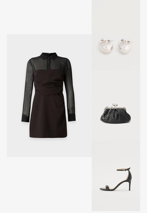 Schwarzes Kleid mit halbtransparentem schwarzen Netzoberteil und langen Ärmeln, Knopfleiste am Kragen und gerafften Details an der Taille. Glatte Stoffoberfläche.; Schwarze Leder-high-heeled Sandale mit Knöchelriemen. Verfügt über eine glatte Textur, offene Zehen und einen dünnen Absatz. Goldfarbener Schnallenakzent.; Schwarze Leder-Clutch mit geraffter Textur, silberfarbener Metallrahmen, Druckverschluss und Kettenriemen. Glatte, weiche Oberfläche.; Paar glänzende silberne dicke Creolen mit Stecker-Verschlüssen auf weißem Hintergrund.
