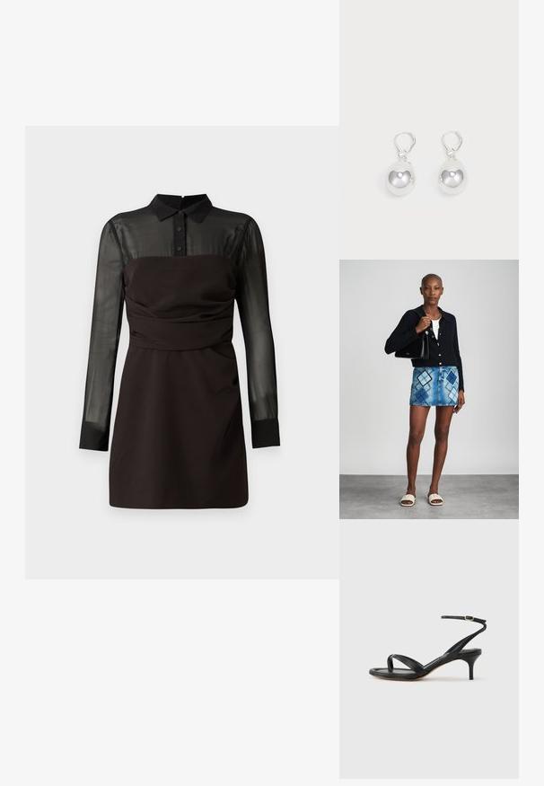 Zwart jurk met een sheer zwarte mesh top en lange mouwen, knoopsluiting bij de kraag, en geplooide details rond de taille. Gladde stofafwerking.; Zwarte leren dames sandaal met dunne bandjes, een teengreep, een enkelgesp en een stilettohak van gemiddelde hoogte op een neutrale achtergrond.; Zwarte gebreide cardigan, witte top, denimrok met blauw en zwart ruitpatroon, zwarte handtas en beige instapsandalen.; Zilveren druppeloorbellen met gladde, ronde, reflecterende oppervlakken die hangen aan klapring-sluitingen. Achtergrond is puur wit.