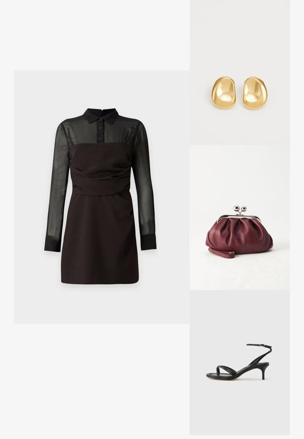 Schwarzes Kleid mit halbtransparentem schwarzen Netzoberteil und langen Ärmeln, Knopfleiste am Kragen und gerafften Details an der Taille. Glatte Stoffoberfläche.; Schwarze Ledersandale für Damen mit dünnen Riemchen, einer Zehenlasche, einer Knöchelschnalle und einem mittelhohen Stöckelabsatz vor neutralem Hintergrund.; Kleine burgunderrote Lederclutch mit silbernem Metallverschluss und Handgelenksriemen auf weißem Hintergrund.; Goldfarbene Ohrstecker mit einer glatten, runden Form und einer reflektierenden Oberfläche, die ein minimalistisches Design ohne sichtbare Muster zeigen.